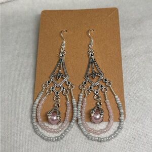 Chic Silver and Pink Beaded Dangle Earrings
